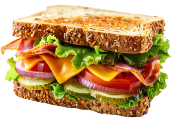 Healthy gourmet sandwich with whole grain bread, fresh lettuce, tomato, onion, cheese, and sliced ham on a white background.
