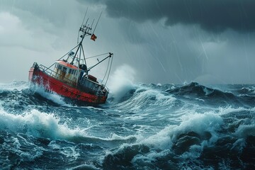 Sailing old ship in storm sea against dramatic sunset © A to Z