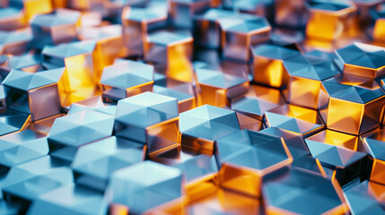 Floating 3D hexagonal prisms arranged in a honeycomb pattern.