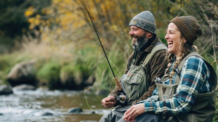 An older couple enjoys a peaceful fishing session on the banks of a serene river