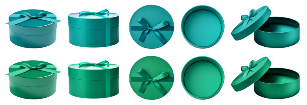 2 Set of turquoise blue green gift present round circle box with bow ribbon on transparent cutout PNG file. Mockup template for artwork design. open close top side flat lay view many different angle