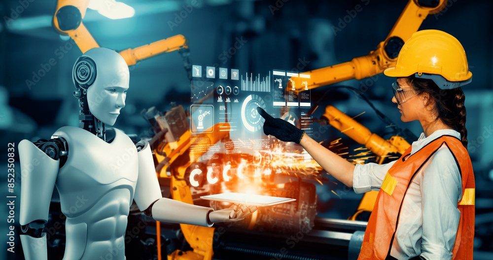 Poster mlp mechanized industry robot and human worker working together in future factory. concept of artifi