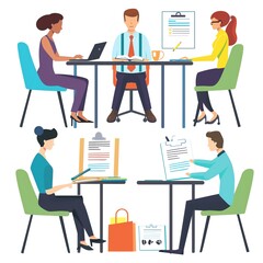 Fototapeta premium HR conducting an employee engagement survey, organized office environment with staff filling out forms, isolated white background,