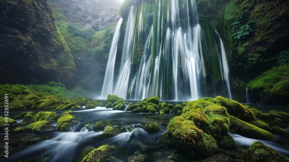 Wall mural Majestic, multi-tiered waterfall flowing through a lush, green forest, creating a serene and picturesque scene