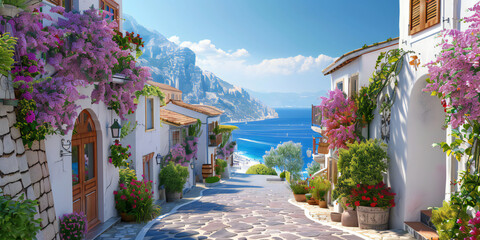 2d background A picturesque Mediterranean village with whitewashed houses, narrow winding streets, blooming bougainvillea, and the blue sea in the background