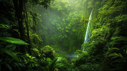 Fototapeta premium Dense, tropical rainforest with lush green foliage and a waterfall cascading in the background.