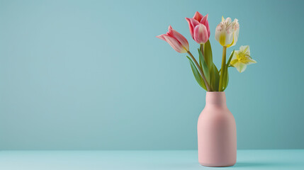 Obraz premium A pink vase with three pink flowers in it. The vase is on a blue background