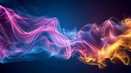 Fototapeta premium Colorful smoke waves with sparkles on a dark background, abstract background