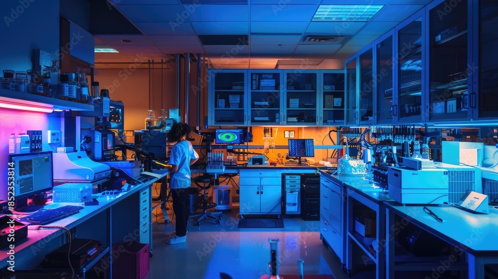 Poster cybersecurity professional monitors data streams and network security amid high-tech screens and equ