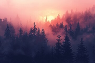 Serene forest with fog during vibrant sunrise, highlighting tall pine trees in a mystical and tranquil atmosphere.