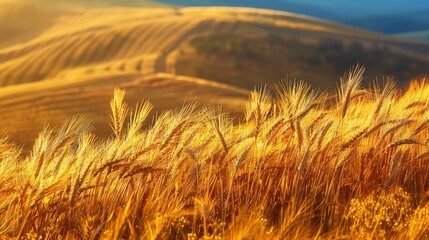Obraz premium Golden wheat field under a clear blue sky, capturing the essence of agriculture and natural beauty