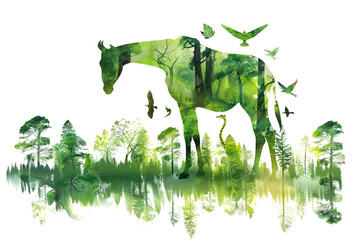 Obraz premium Double Exposure of Horse with Lush Green Forest and Birds