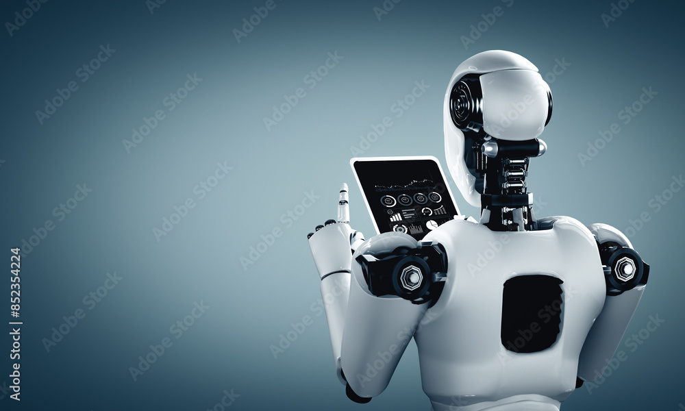 Poster mlp 3d illustration robot humanoid using tablet computer in future office while using ai thinking br