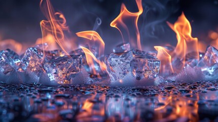  interplay of fire and ice on a reflective surface, depicting the coexistence of opposing elements
