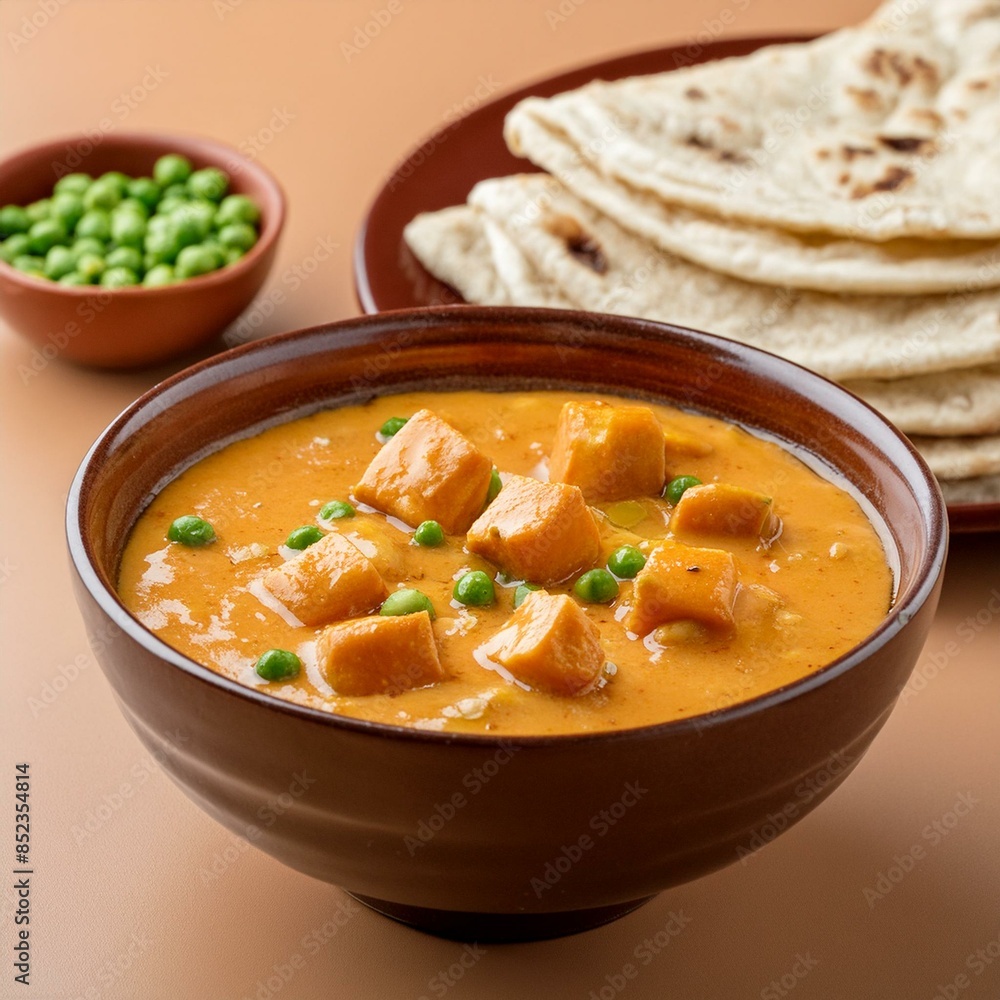 Wall mural Indian delicious cuisine matar paneer on brown background