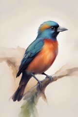 painting of a bird with orange and blue feathers