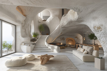 Elegant minimalist interior design in a Santorini villa, featuring subtle stone textures and thoughtful design choices. The tranquil and clutter-free space offers a serene and inspiring living environ