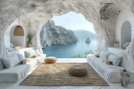 Elegant minimalist interior design in a Santorini villa, featuring subtle stone textures and thoughtful design choices. The tranquil and clutter-free space offers a serene and inspiring living environ