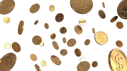 Gold coins falling on transparent background, 3d render