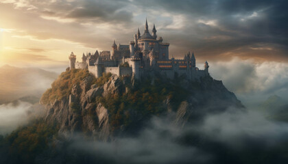 Obraz premium Majestic Castle Perched on a Misty Mountain: A Fortress of Timeless Elegance and History