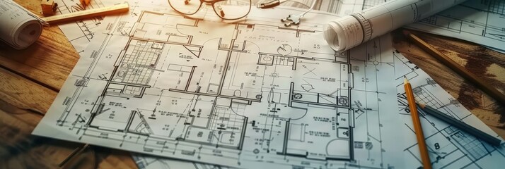 Architectural Plans and Tools on Wooden Table