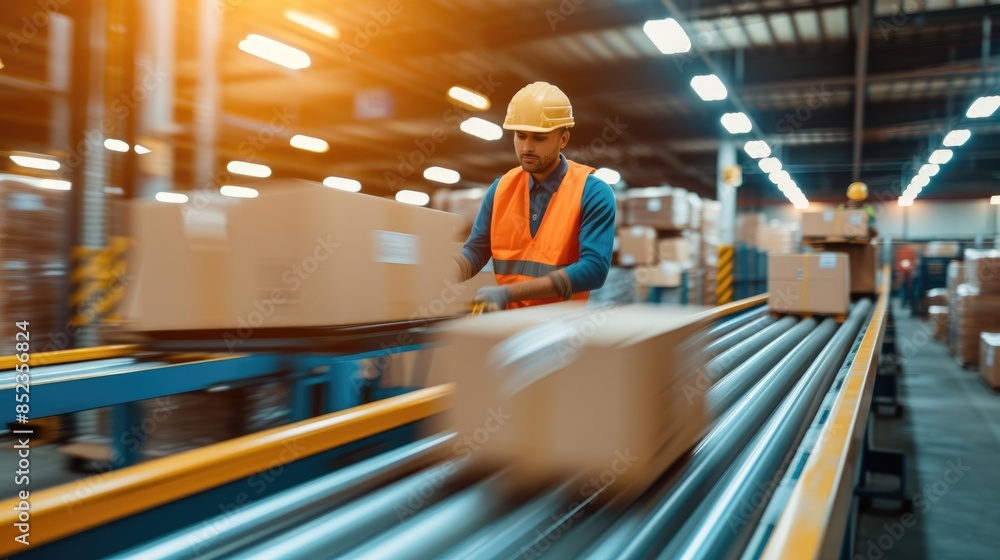 Aufkleber happy warehouse worker loading package while placed on the rail at storage. worker wearing safety he