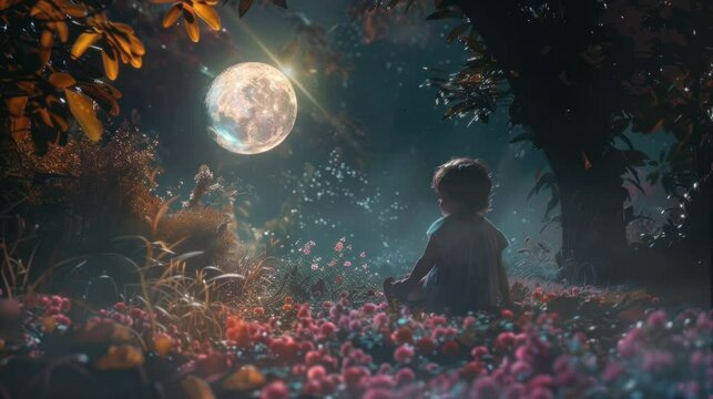 an illustration of a small child enjoying a beautiful full moon night in a beautiful forest area. seamless looping time-lapse virtual 4k video Animation Background.