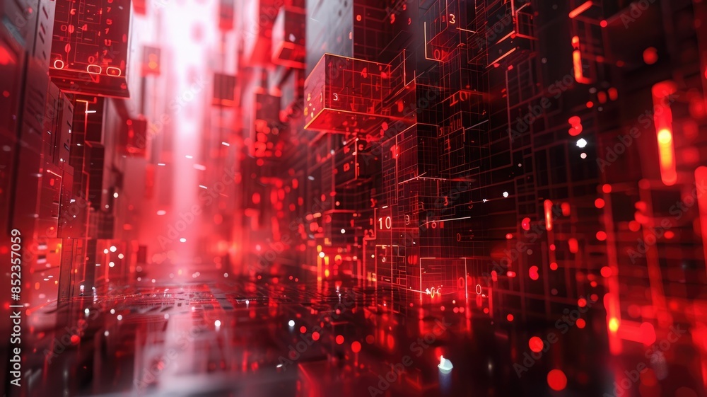 Poster abstract 3d image of red and transparent cubes floating in space. digital art of red and black cubes