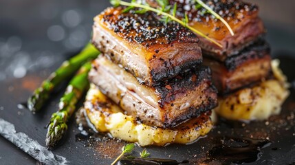 Grilled pork belly with black pepper asparagus and mashed potatoes Fine dining dish