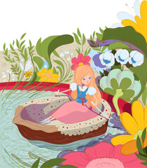 Fairy tale Thumbelina girl princess swim walnut shell among flowers. Vector cartoon illustration