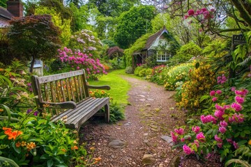 A garden path leads to a bench in a garden with a house in the background