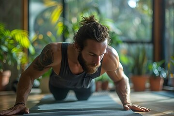 Fototapeta premium A man practices a mind-body exercise, emphasizing core stability and peace in a contemporary home setting.