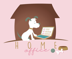 Vector illustration in a simple, laid-back style of a dog in a home office situation.