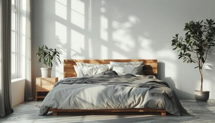 a bedroom with a wooden bed, grey bedding and white wall. scandinavian interior design of a modern home