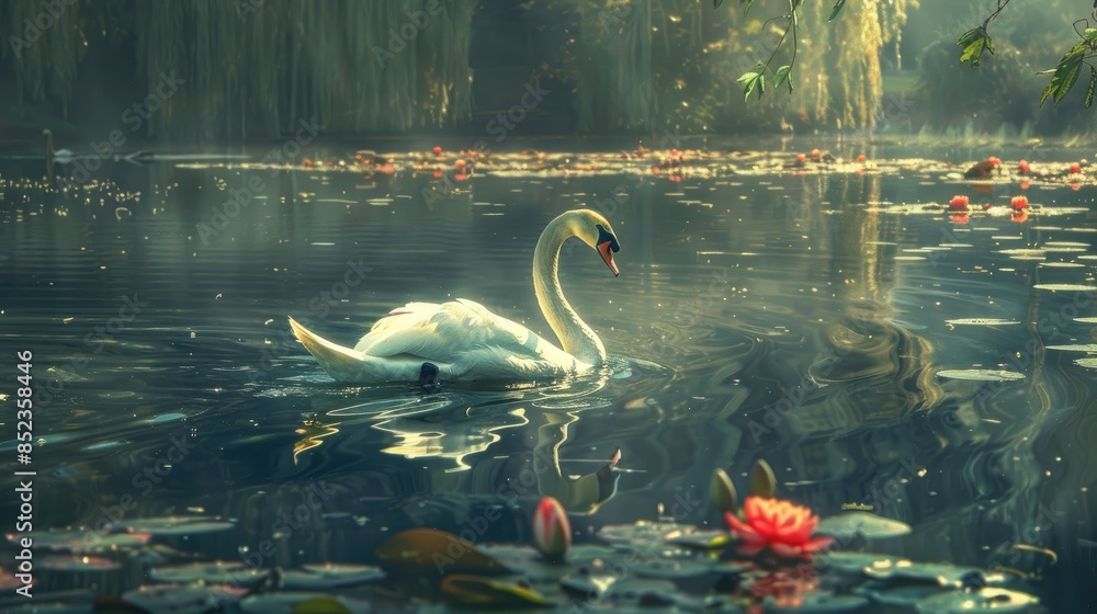 Canvas Prints A swan is swimming in the pond