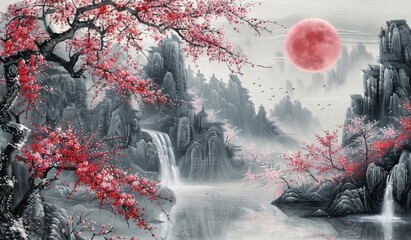 Painting of a beautiful, peaceful landscape with mountains and trees, asian, scenic view