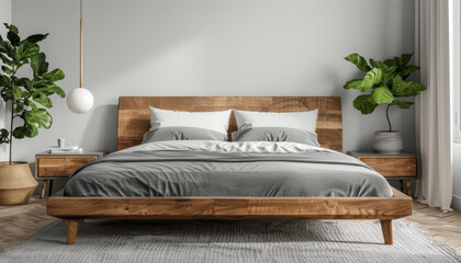 a bedroom with a wooden bed, grey bedding and white wall. scandinavian interior design of a modern home