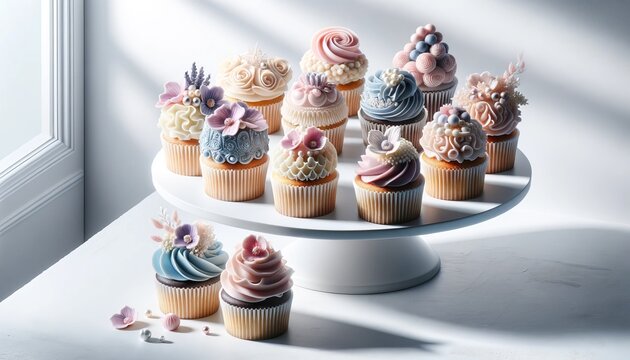 A set of gourmet cupcakes with intricate icing designs, such as rosettes and pearls, displayed on a minimalist stand.