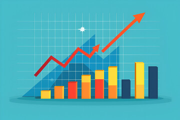 Colorful Bar and Line Graph with Upward Red Arrow on Blue Grid Background