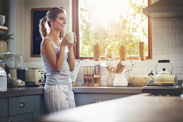 Woman, smile and thinking with coffee in kitchen for daily morning routine, peace and calm for...