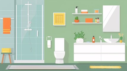 illustration of a modern bathroom with a shower, toilet, sink, hanging toilet, towel rack, and mirror.