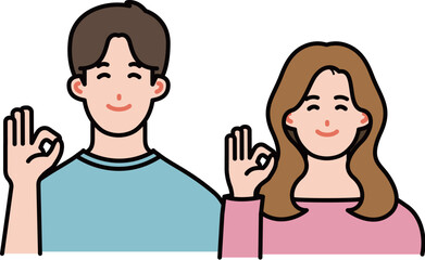 若い男女のがOKサインを出すイラスト