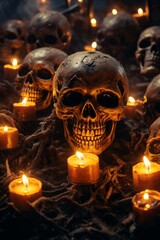 a group of skulls surrounded by lit candles
