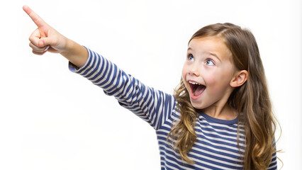 happy little girl pointing with index finger at empty space