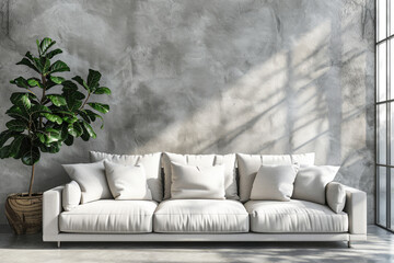 3d rendering of white sofa with potted plant in front gray concrete wall background, interior design of modern living room