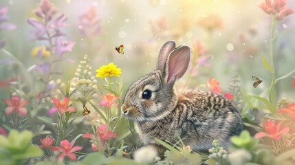 Fototapeta premium Cute Rabbit Frolicking in a Blooming Meadow Garden