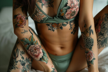 Sexy unrecognizable woman with floral tattoos in green lingerie sitting on bed