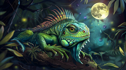 Obraz premium Green Iguana Illustration in the Jungle with a Full Moon - A Night in the Rainforest