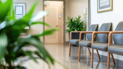Fototapeta premium Calm and Empty Clinic Waiting Room with Green Plant Decor
