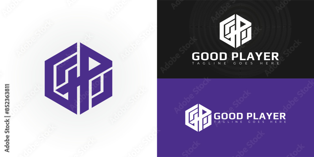 Poster abstract initial hexagon letters gp or pg logo in purple color isolated on multiple background color